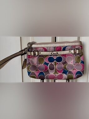 EUC Coach Multicolor Patterned Wristlet with Gold Leather